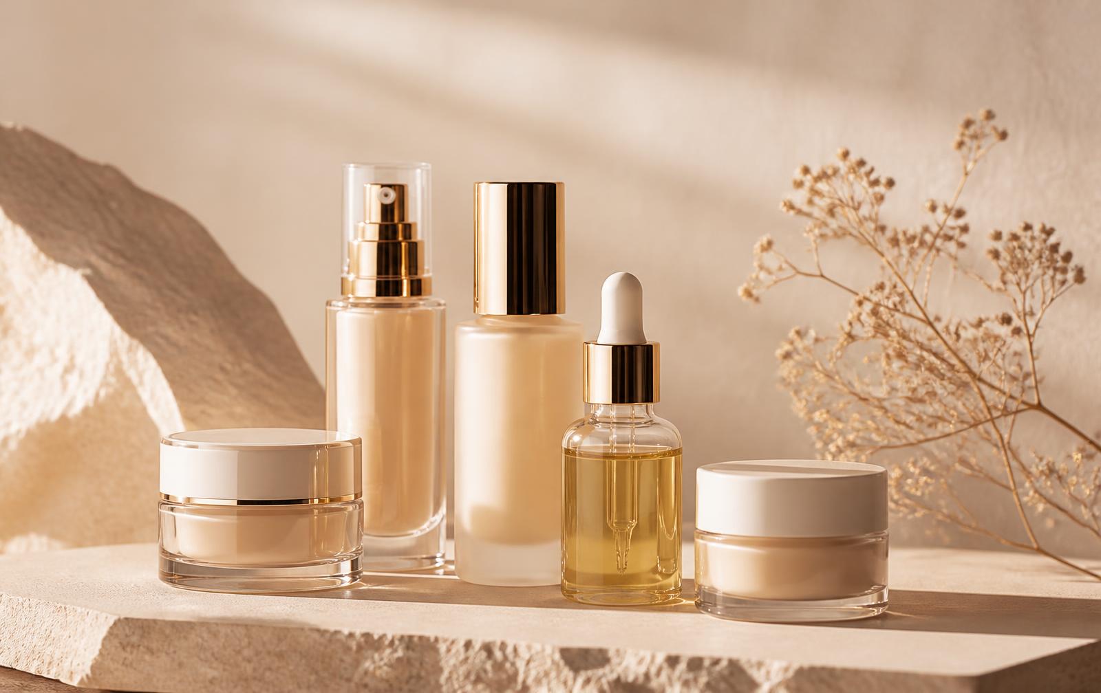 Editorial arrangement of skincare bottles on warm stone